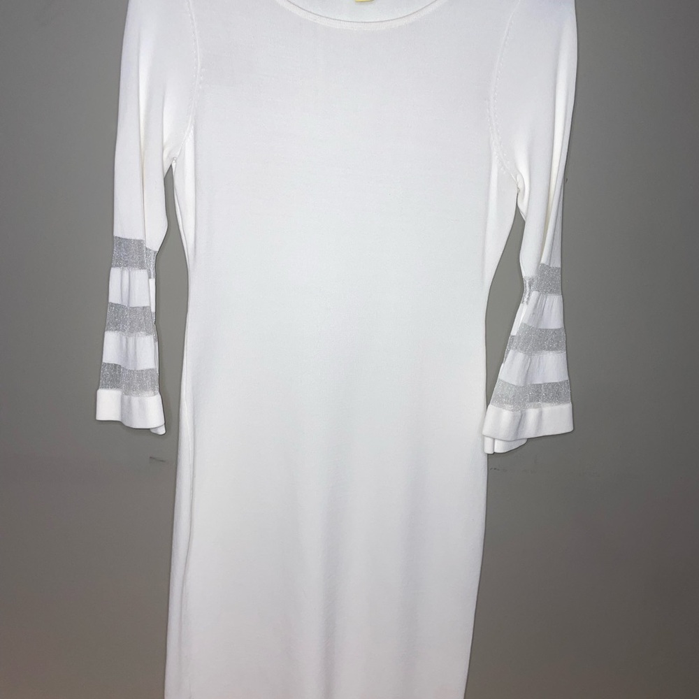 Chic White Long Sleeve Dress with Silver Stripes